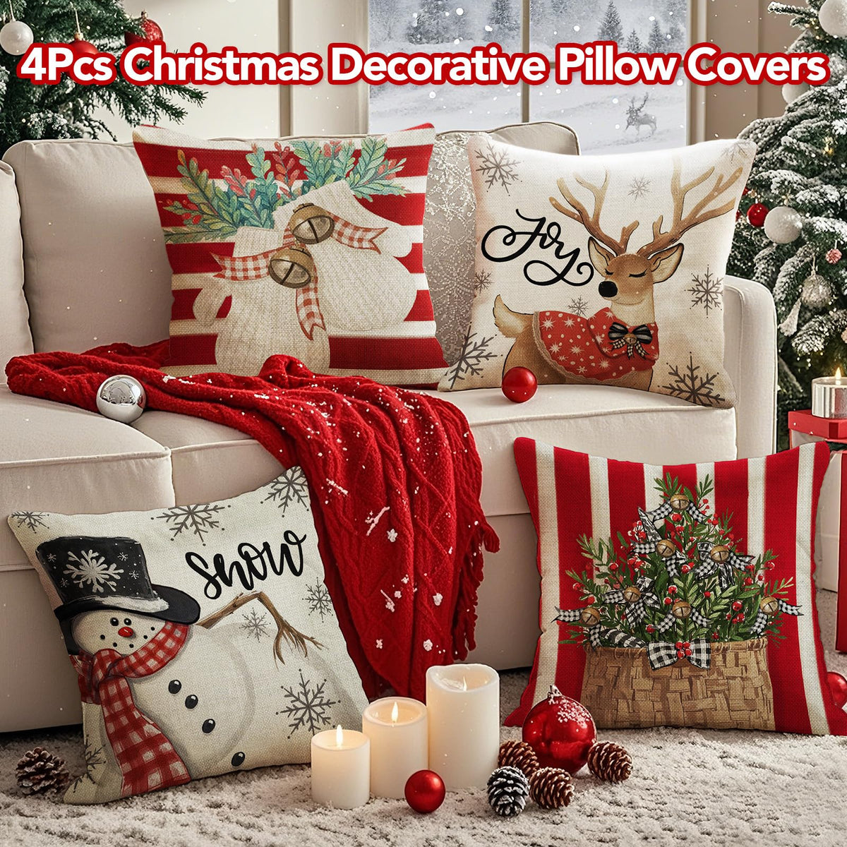 Christmas Pillow Covers 18x18 inch Set of 4, Christmas Decorations Cushion Covers, Xmas Pillow Covers