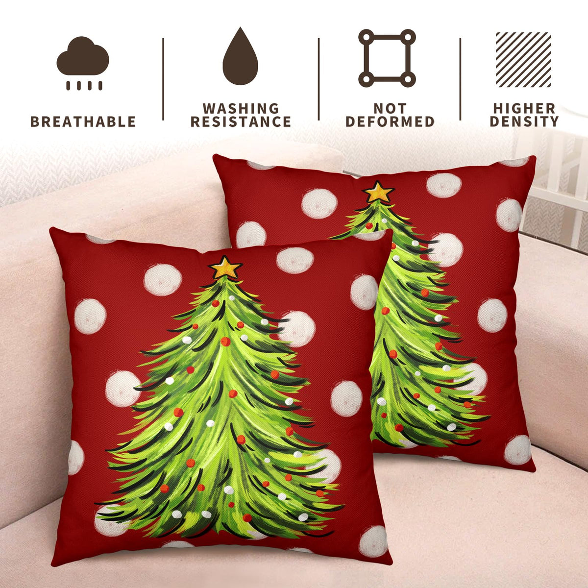 Christmas Throw Pillow Covers 18x18 Set of 2 Red Green Xmas Tree Polka Dots Print Decorative