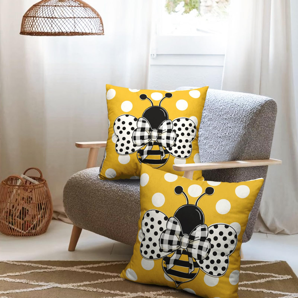 Summer Bee Pillow Covers 18x18 Set of 2 Bumblebee Polka Dots Spring Indoor Throw Pillows