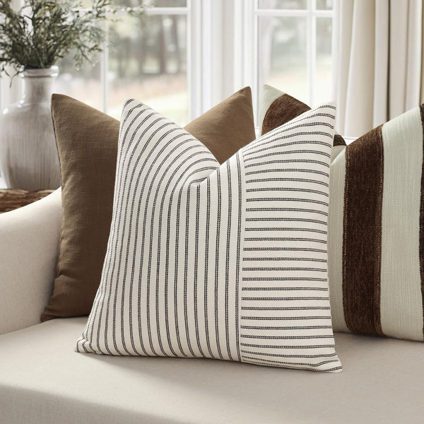 Farmhouse Pillow Covers 18x18, Modern Accent Square Throw Pillow Covers Set of 2, Black and Beige Striped Patchwork Linen