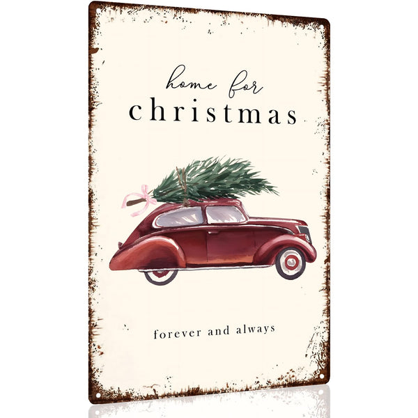 Vintage Christmas Wall Decor Sign,Red Truck with Christmas Tree Metal Decorations Sign