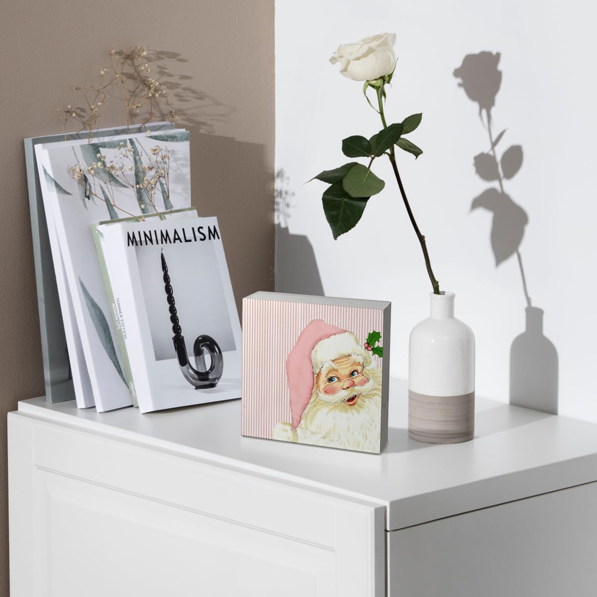 Pink Retro Santa Christmas Wooden Box Signs,Pink Christmas Sign,Santa Clause Christmas Decors