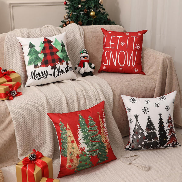 Christmas Pillow Covers 18"x18" Set of 4, Cute Christmas Patterns, Tree, Merry Christmas