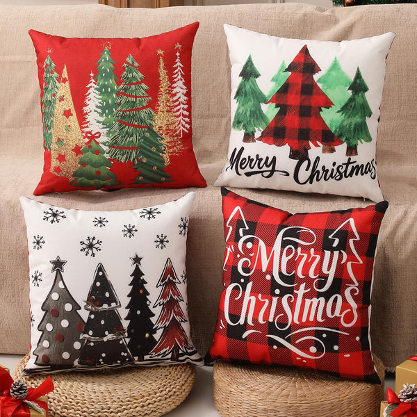 Christmas Pillow Covers 18"x18" Set of 4, Cute Christmas Patterns, Tree, Merry Christmas