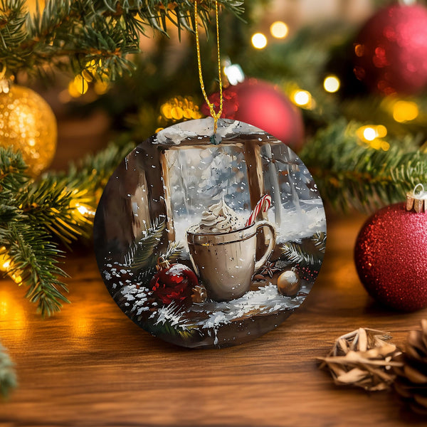 Vintage Moody Christmas Coffee Ceramic Ornament Gifts, Winter Cottagecore Xmas Cafe Decorative Hanging Ornaments for Xmas Tree