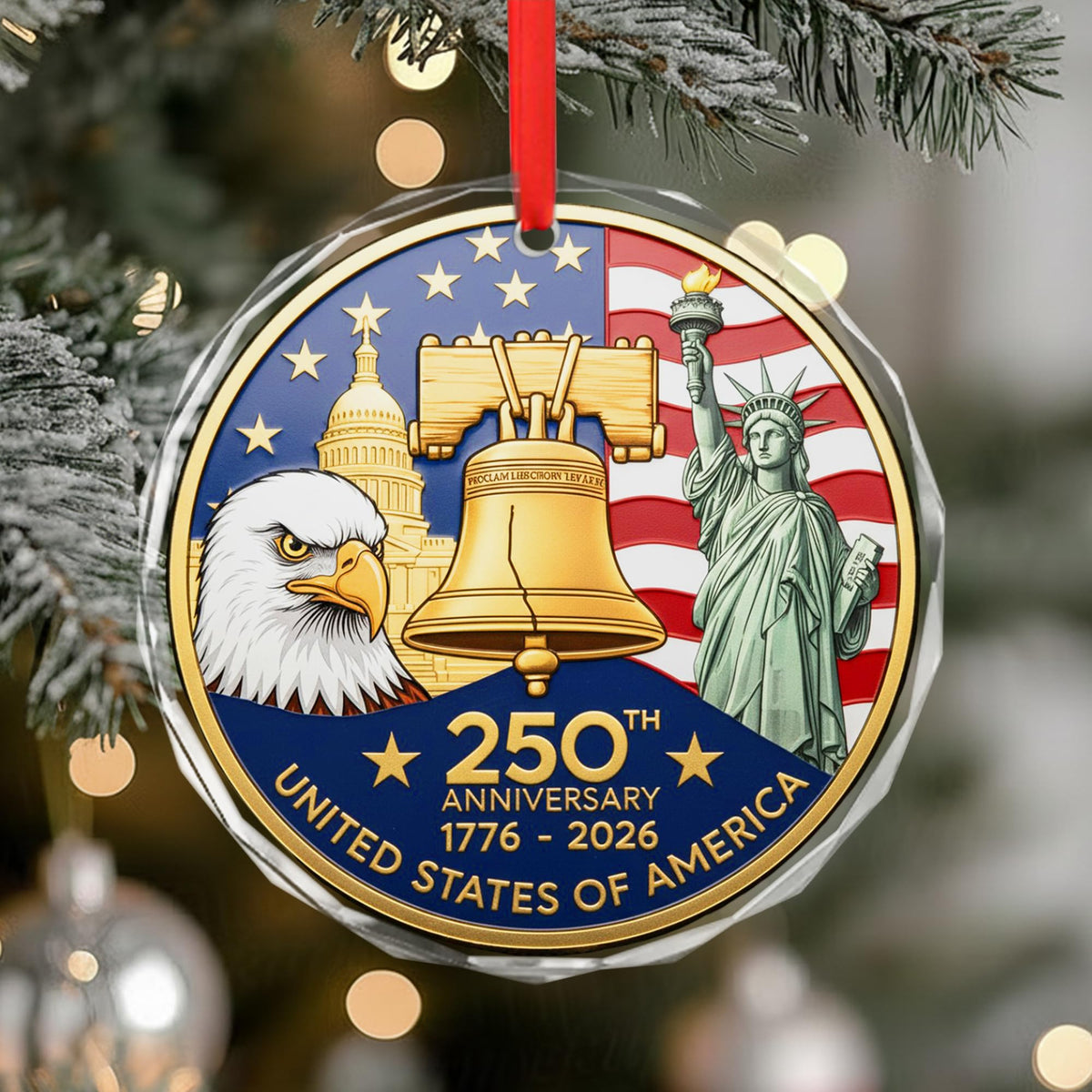 America 250th Anniversary Glass Ornament 1776–2026 – Patriotic Crystal Christmas Ornament