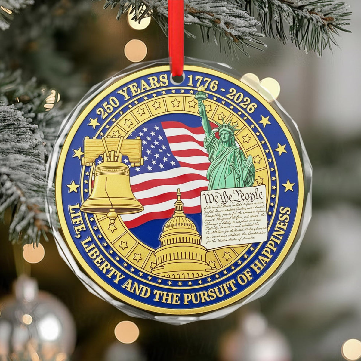 America 250th Anniversary Glass Ornament 1776–2026 – Patriotic Crystal Christmas Ornament
