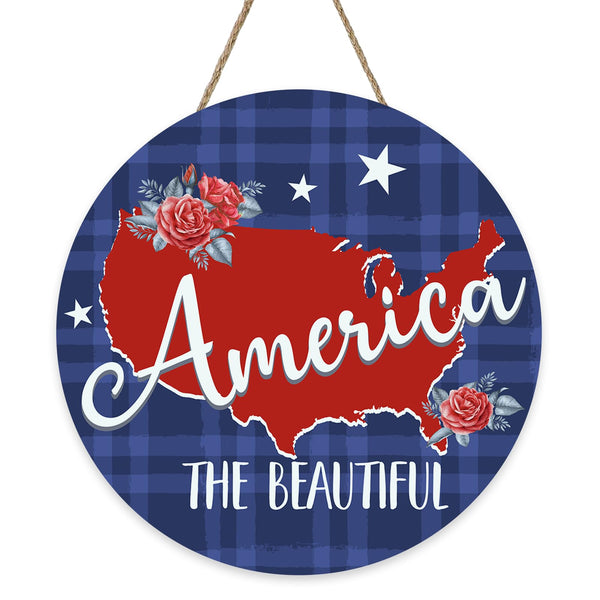 Patriotic America The Beautiful Front Door Sign, 4th of July American Map Rose Wood Hanger Outdoor Outside Home Decor