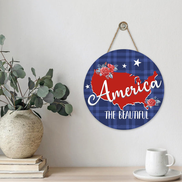 Patriotic America The Beautiful Front Door Sign, 4th of July American Map Rose Wood Hanger Outdoor Outside Home Decor
