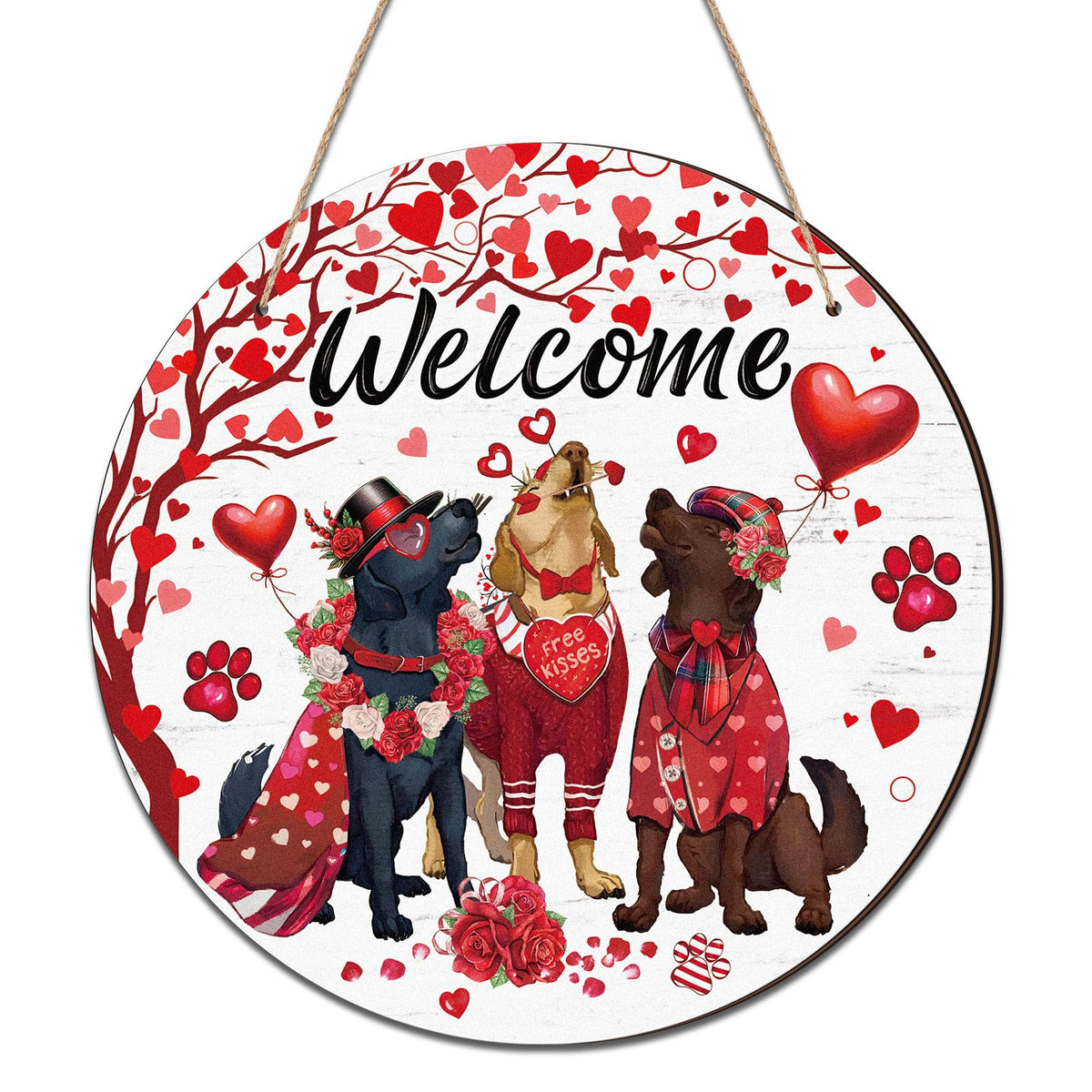 Valentine's Day Dogs Door Decorations Wooden Valentine Welcome Hanging Signs 8x8 Inch Rose Red Heart Dog Wreath Front Porch Farmhouse Decor