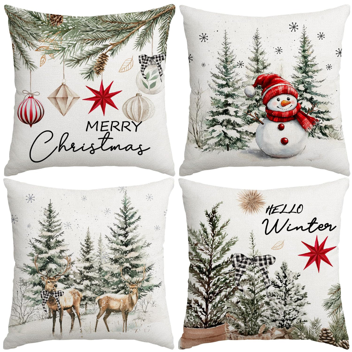 Christmas Throw Pillow Covers, 18x18 inch Decorative Farmhouse Merry Christmas Tree Snowman Winter Red