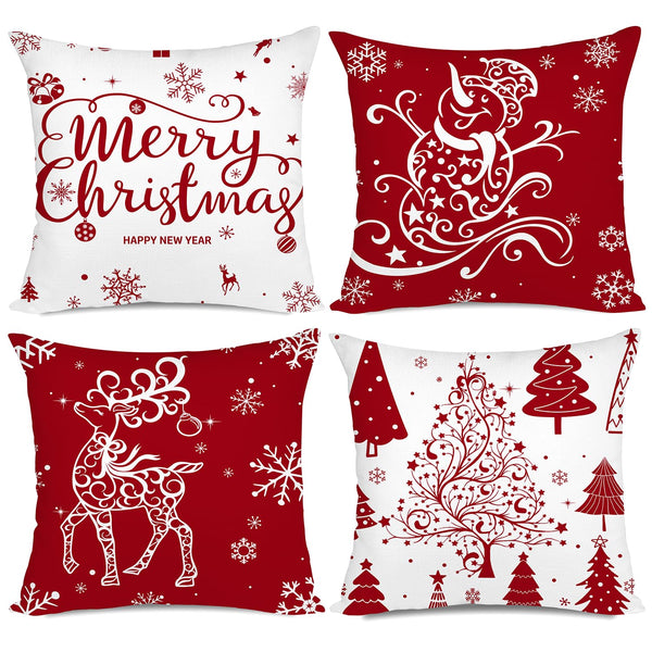 Red Christmas Throw Pillow Covers 18x18 Set of 4 Decorative Holiday Farmhouse Pillow Covers with Trees, Deer, Snowman