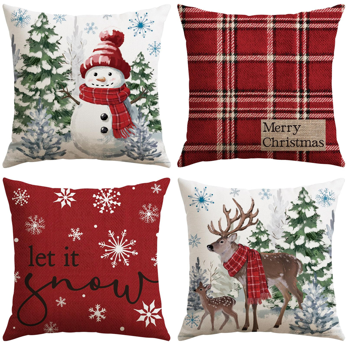 Christmas Throw Pillow Covers 18x18 Inch Set of 4, Scottish Tartan Plaid Snowman Reindeer Winter Red