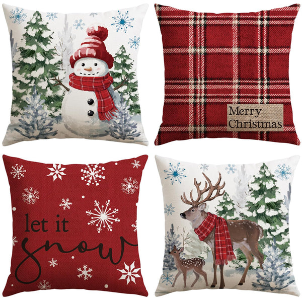 Christmas Throw Pillow Covers 18x18 Inch Set of 4, Scottish Tartan Plaid Snowman Reindeer Winter Red