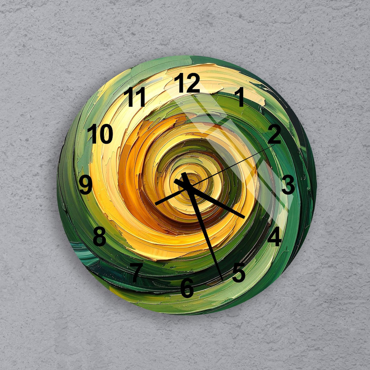 Abstract Tempered Glass Wall Clock, Green and Yellow Swirl Art