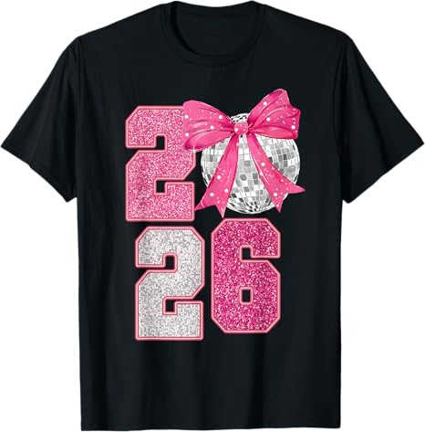 Happy New Year 2026 Disco Ball Pink Coquette Bow Family T-Shirt