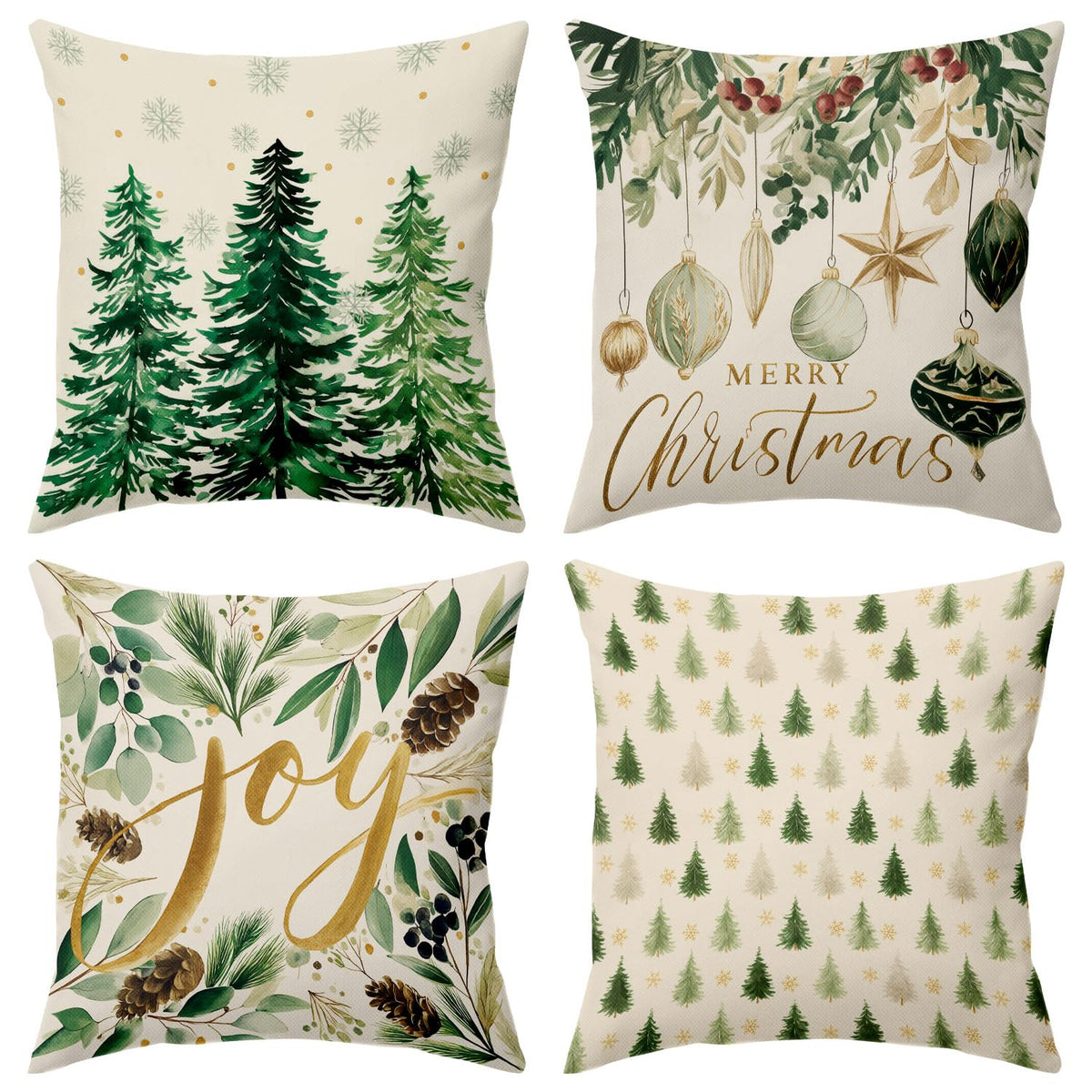 Christmas Throw Pillow Covers 18x18, Christmas Tree Pinecore Snowflake Green and Gold Pillow Cases Set of 4