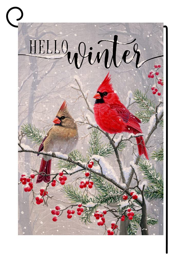 Winter Cardinal Bird Garden Flag 12x18 Vertical 1 Sided Farmhouse Trees Snow Christmas