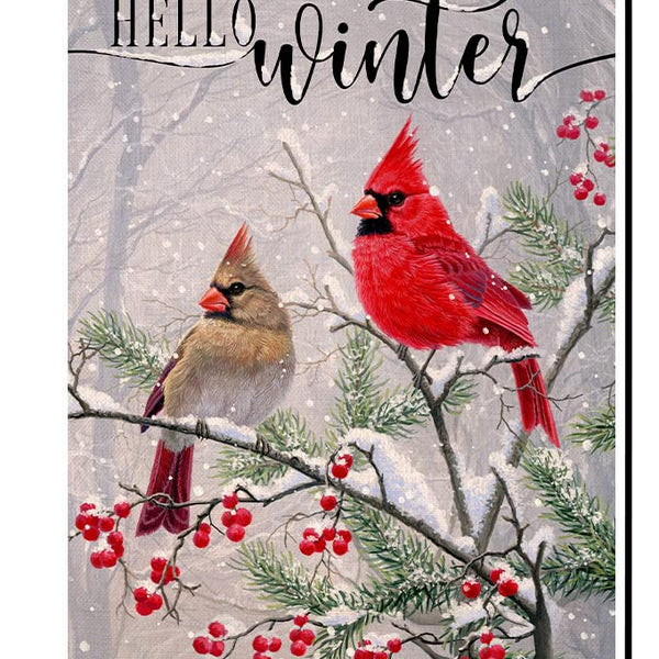 Winter Cardinal Bird Garden Flag 12x18 Vertical 1 Sided Farmhouse Trees Snow Christmas
