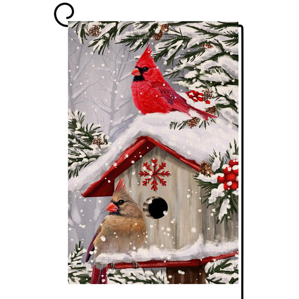 Winter Cardinal Bird Garden Flag 12x18 Vertical 1 Sided Trees Snow Christmas Holiday