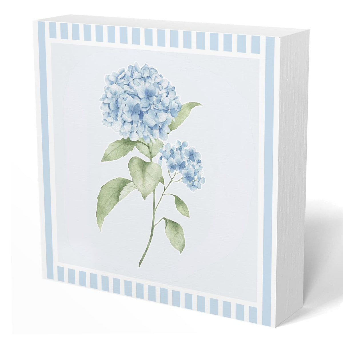 Blue Hydrangea Stripes Decor,Watercolor Hydrangea Flower Chinoiserie Wooden Box Sign