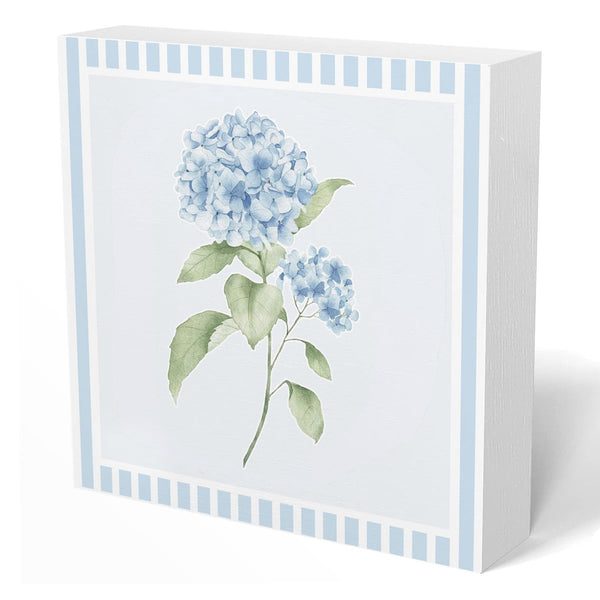 Blue Hydrangea Stripes Decor,Watercolor Hydrangea Flower Chinoiserie Wooden Box Sign