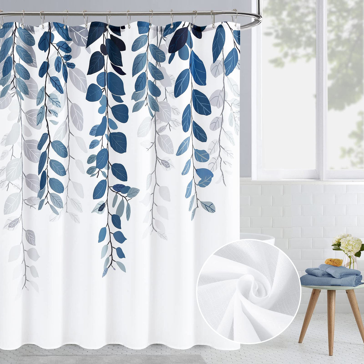 Blue Eucalyptus Shower Curtains, 70.8"Floral Watercolor Leaves on Top Shower Curtain Botanical Nature