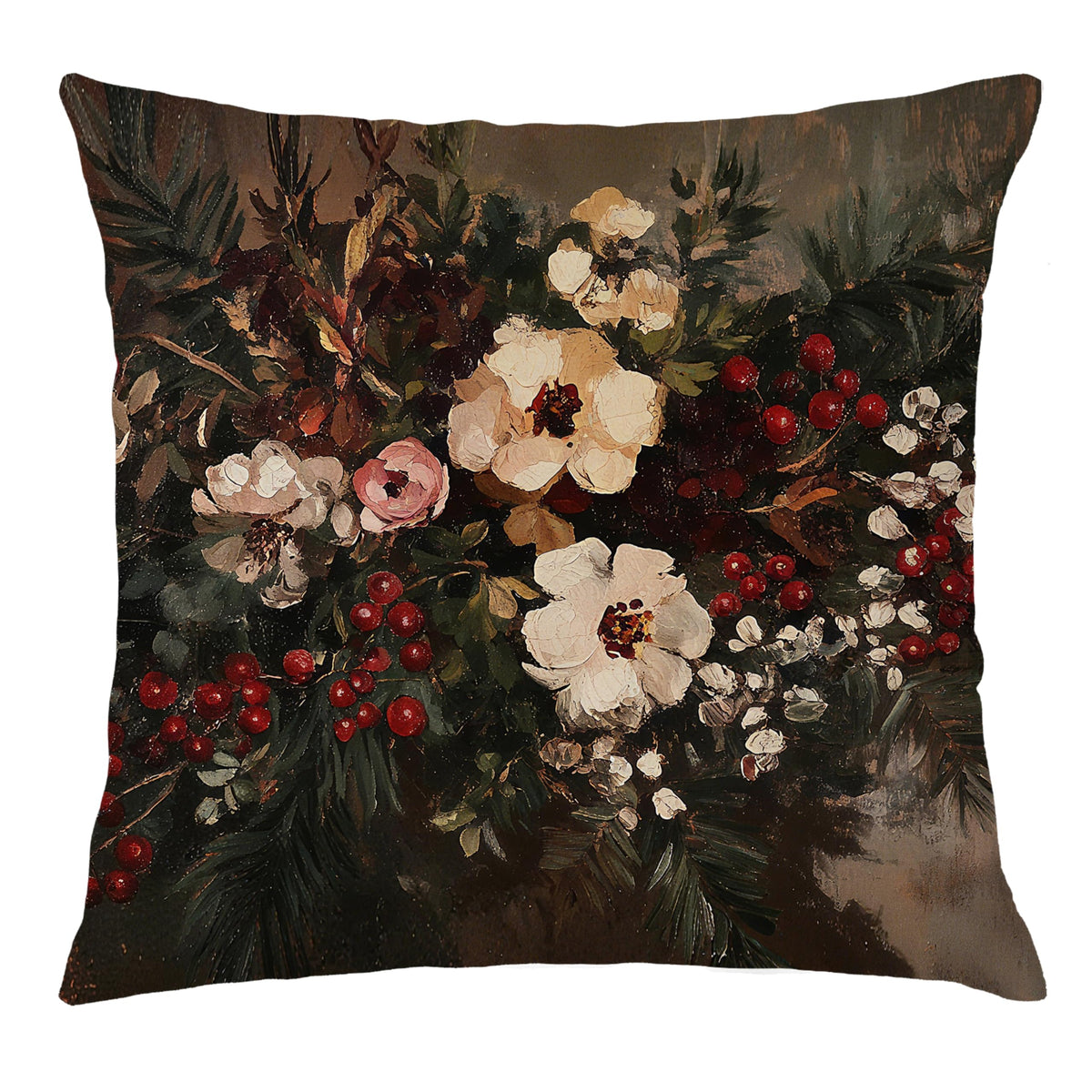 Vintage Moody Floral Christmas Pillow Covers 18x18, Cottagecore Christmas Decor, Dark Academia Holly Botanical Floral