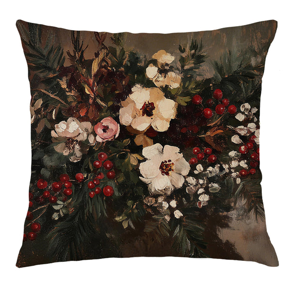 Vintage Moody Floral Christmas Pillow Covers 18x18, Cottagecore Christmas Decor, Dark Academia Holly Botanical Floral