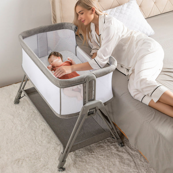 Baby Bassinet Bedside Sleeper with Wheels and Storage Tray – Portable Adjustable Crib for Newborns