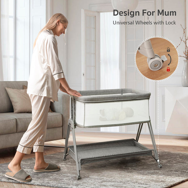 Baby Bassinet Bedside Sleeper with Wheels and Storage Tray – Portable Adjustable Crib for Newborns