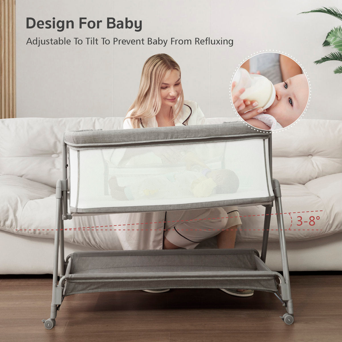 Baby Bassinet Bedside Sleeper with Wheels and Storage Tray – Portable Adjustable Crib for Newborns