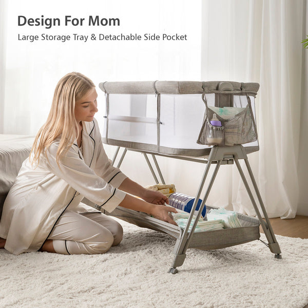 Baby Bassinet Bedside Sleeper with Wheels and Storage Tray – Portable Adjustable Crib for Newborns