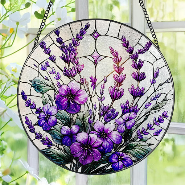 Violets Flower Stained Glass Suncatcher, Stained Glass Window Hanging, 8 Inch Window Hanging Decor