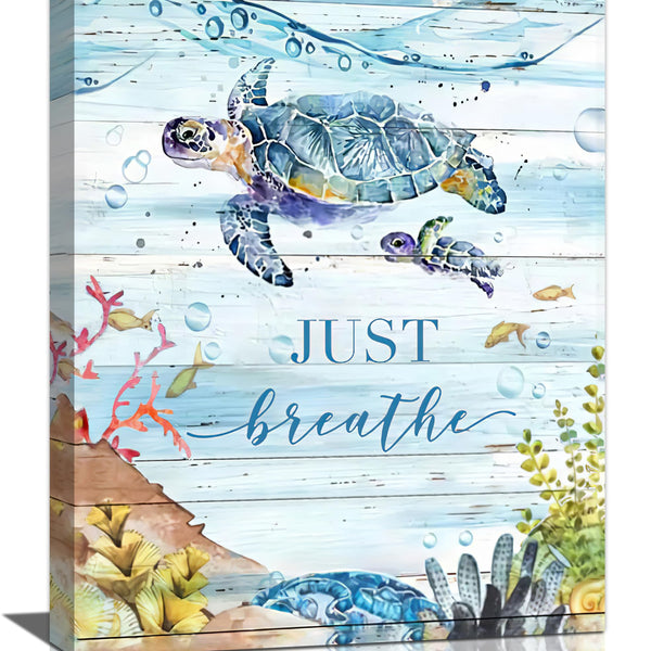 Ocean Sea Turtle Wall Art Nautical Just Breathe Pictures Wall Decor Beach Seaweed Canvas Coastal Painting Modern Artwork