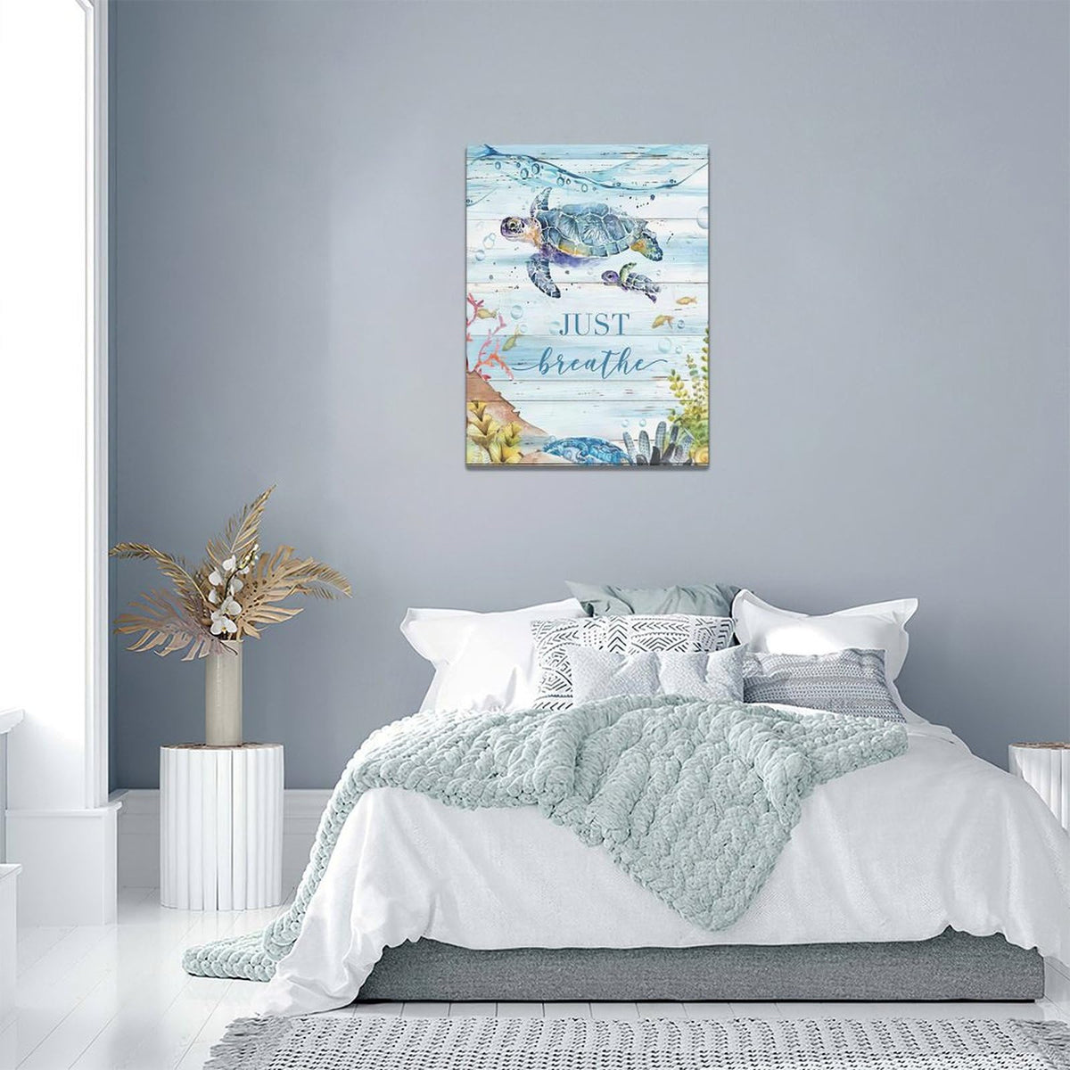 Ocean Sea Turtle Wall Art Nautical Just Breathe Pictures Wall Decor Beach Seaweed Canvas Coastal Painting Modern Artwork
