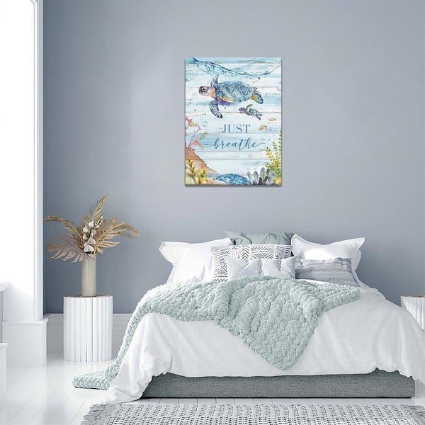Ocean Sea Turtle Wall Art Nautical Just Breathe Pictures Wall Decor Beach Seaweed Canvas Coastal Painting Modern Artwork
