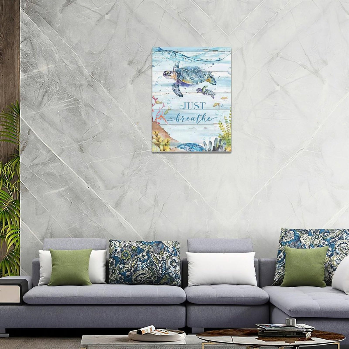 Ocean Sea Turtle Wall Art Nautical Just Breathe Pictures Wall Decor Beach Seaweed Canvas Coastal Painting Modern Artwork