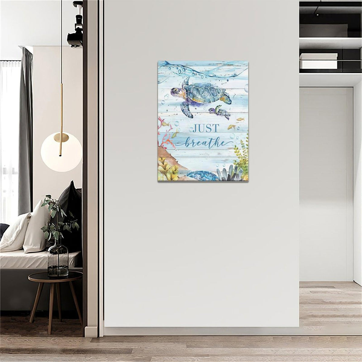 Ocean Sea Turtle Wall Art Nautical Just Breathe Pictures Wall Decor Beach Seaweed Canvas Coastal Painting Modern Artwork