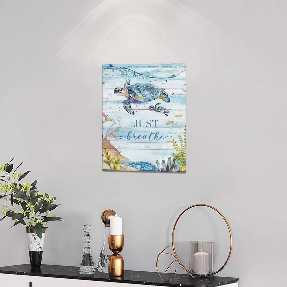 Ocean Sea Turtle Wall Art Nautical Just Breathe Pictures Wall Decor Beach Seaweed Canvas Coastal Painting Modern Artwork