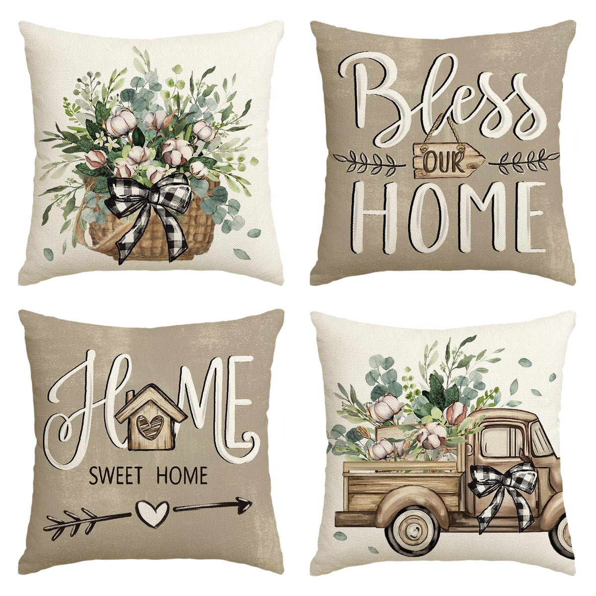 Bless Our Home Farmhouse Eucalyptus Leaves Throw Pillow Covers, 18" Truck Home Sweet