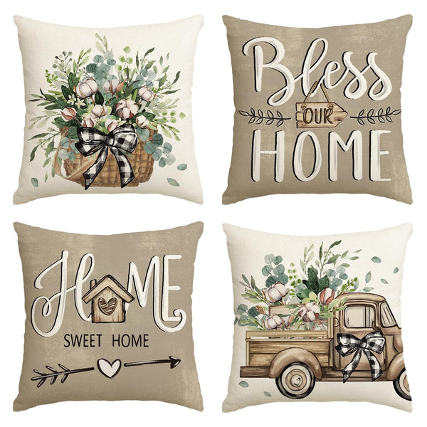 Bless Our Home Farmhouse Eucalyptus Leaves Throw Pillow Covers, 18" Truck Home Sweet