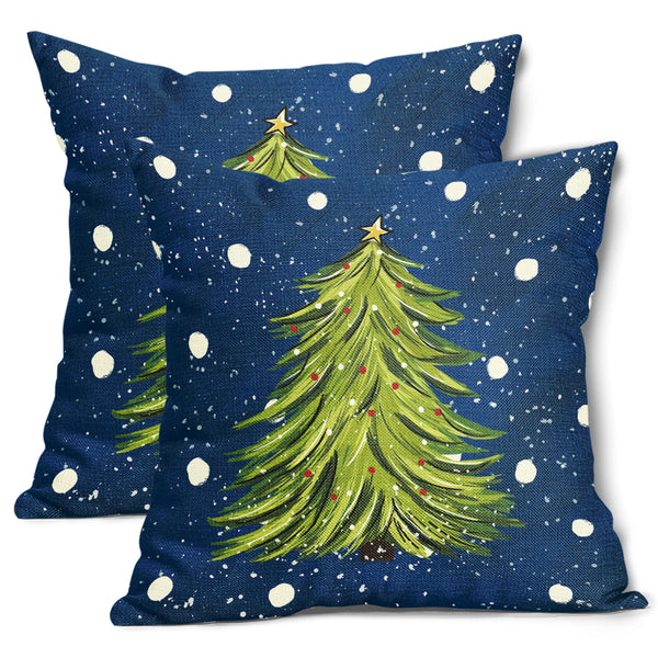 Blue Christmas Pillow Covers 18X18 Inch Set of 2 Watercolor Green Xmas Tree