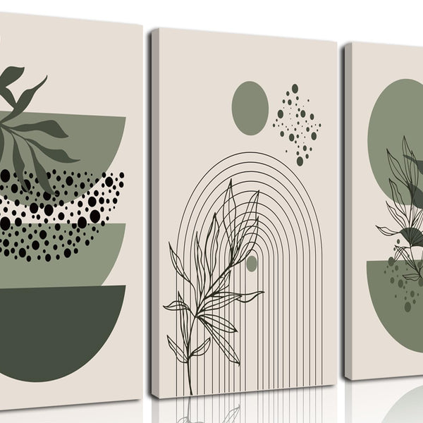 Sage Green Boho Wall Art Set of 3 Abstract Minimalist Geometric Line Poster Green Botanical Leaf Canvas Prints
