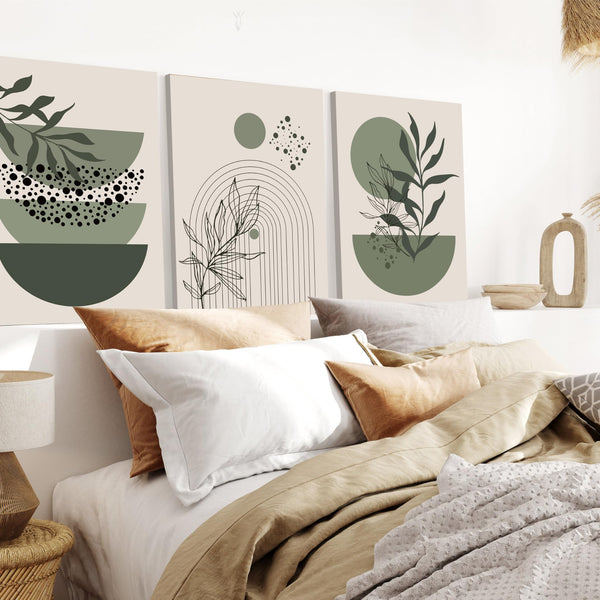 Sage Green Boho Wall Art Set of 3 Abstract Minimalist Geometric Line Poster Green Botanical Leaf Canvas Prints