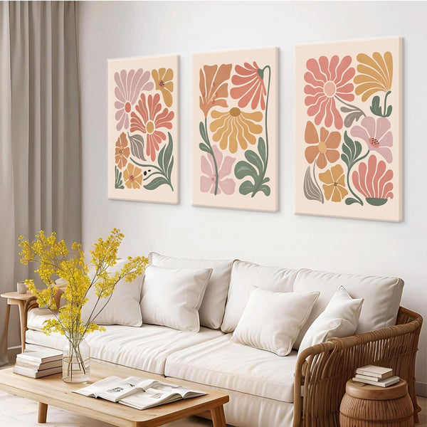 Boho Flower Canvas Wall Art Abstract Floral Pictures Prints Set of 3 Minimalist Botanical Painting Poster