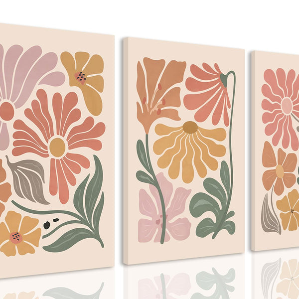 Boho Flower Canvas Wall Art Abstract Floral Pictures Prints Set of 3 Minimalist Botanical Painting Poster