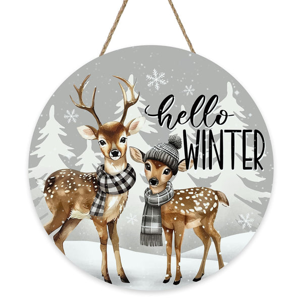 Hello Winter Reindeer Grey Front Door Sign, Snowy Pine Tree Snowflake Wood Hanger Outdoor Outside Porch Home Decor