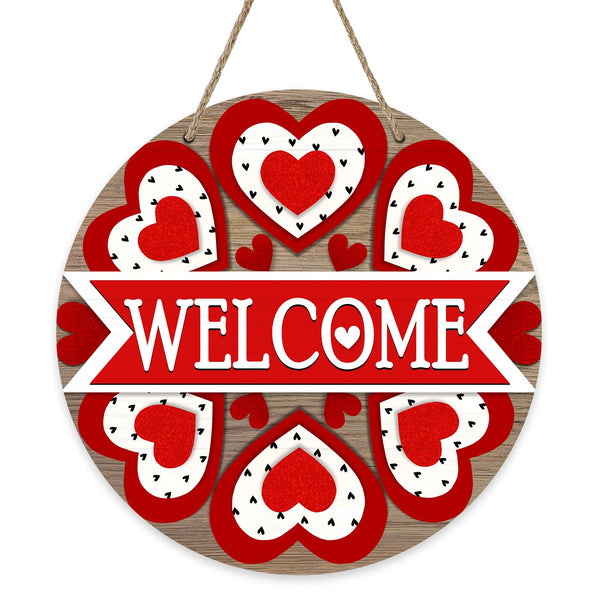 Welcome Valentine's Day Love Front Door Sign, Red Hearts Farmhouse Wood Door Hanger Outdoor Outside Porch Decor