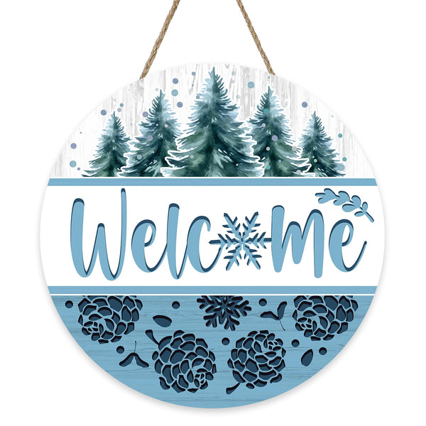 Welcome Winter Pine Tree Blue Front Door Sign, Pine Cones Snowflake Wood Hanger Outdoor Outside Porch Home Decor